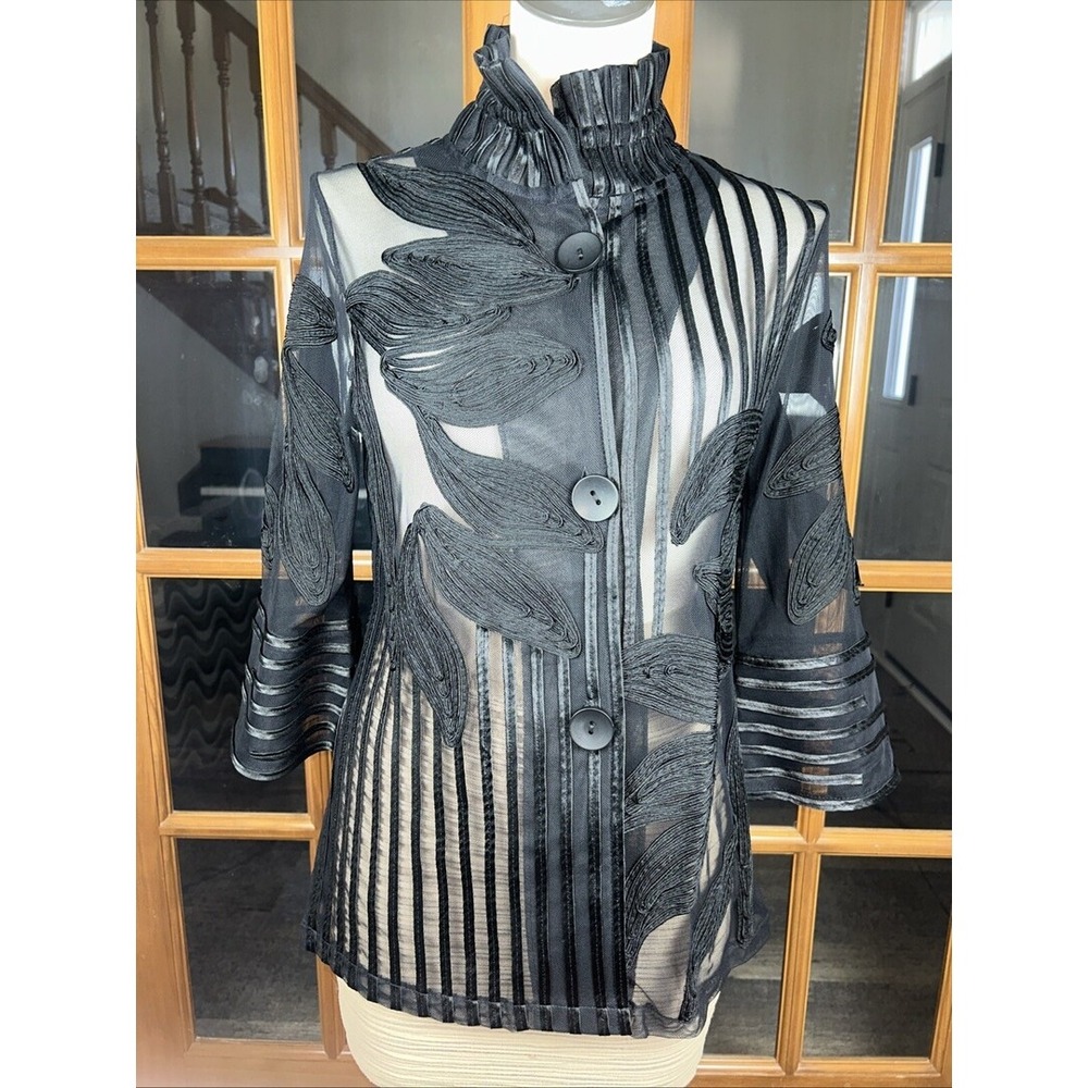 Damee Inc Womens PM Black Soutache Jacket Mesh Striped Artsy Boho Whimsigoth